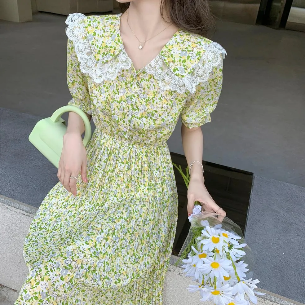 Elegant A-line Dress Featuring Pleats and a Floral Design