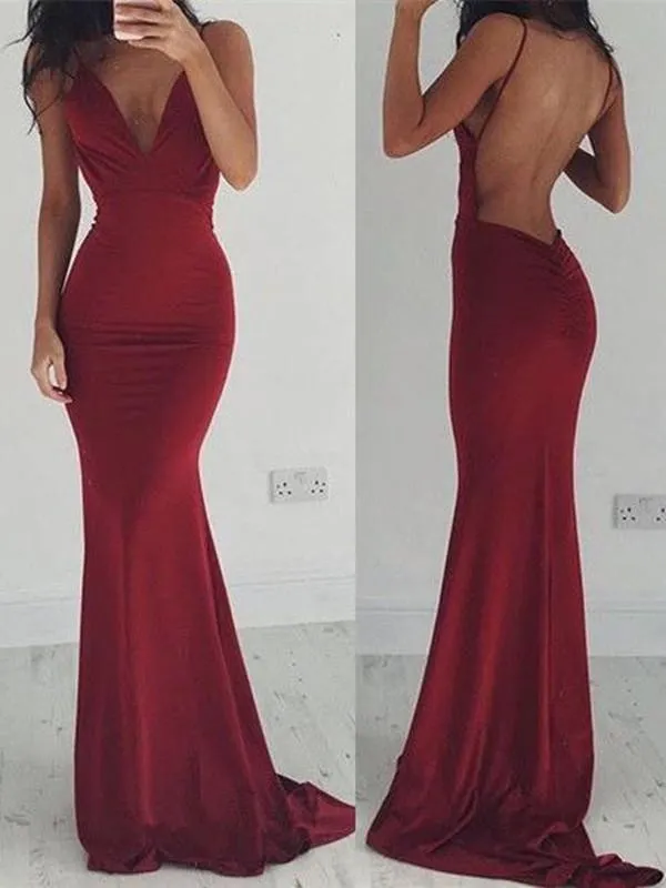 Elegant Burgundy Mermaid Open Back Prom Dresses, Maroon Backless Formal Dress