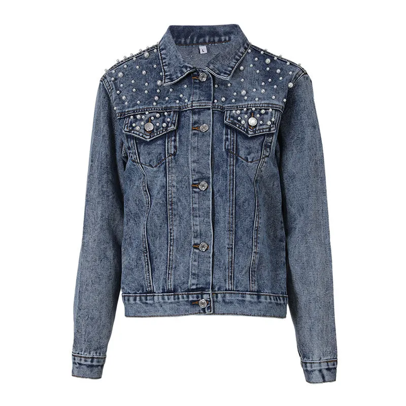 Elegant denim jacket embellished with pearls - Lightweight and breathable material