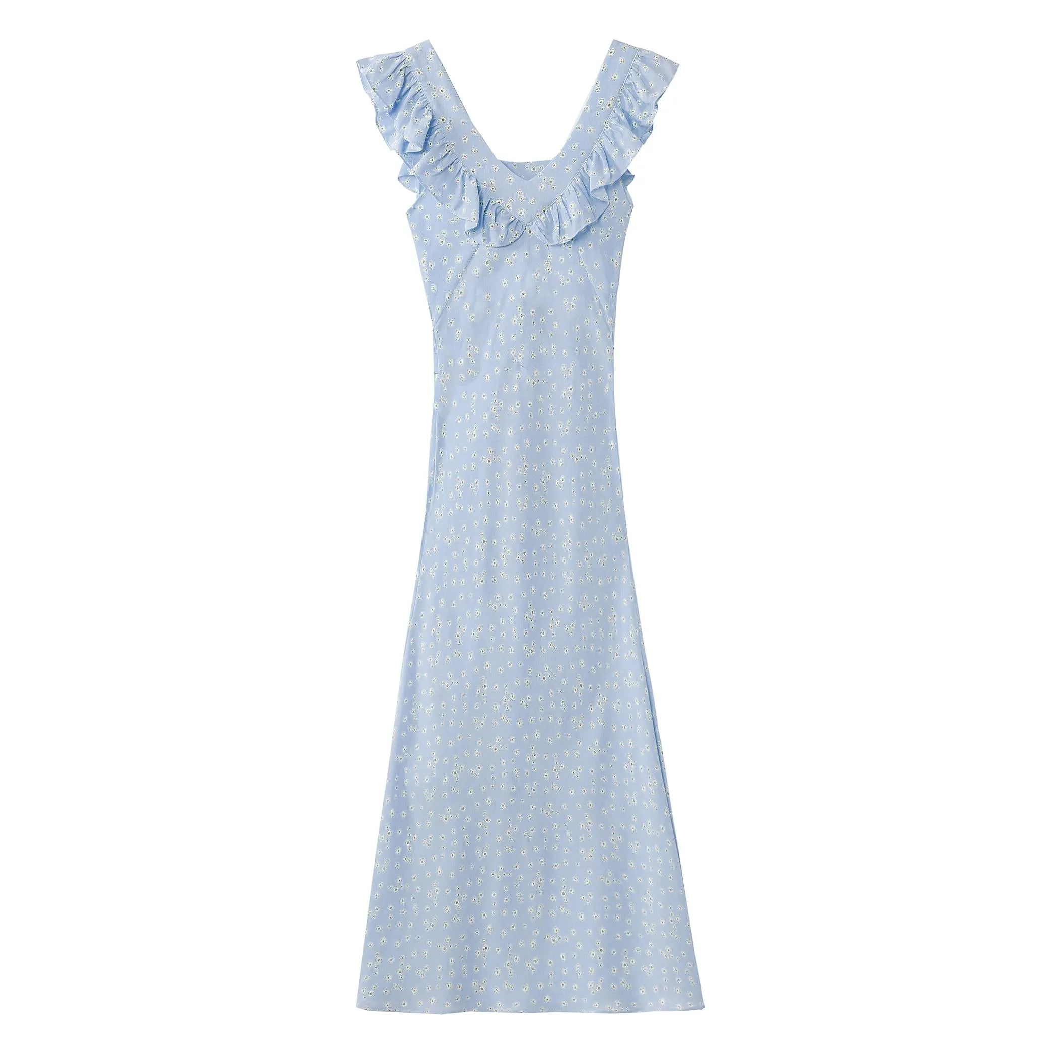 Elegant French Vacation Dress with Ruffle Neckline
