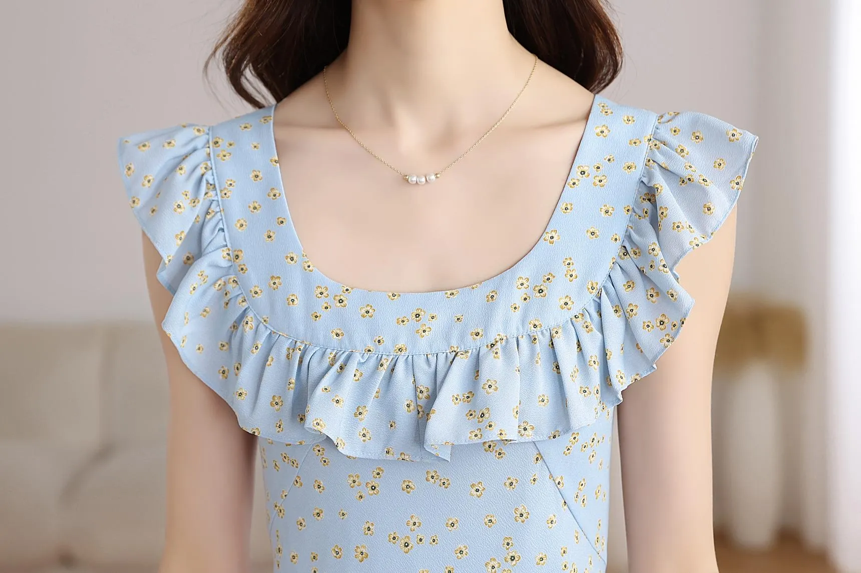 Elegant French Vacation Dress with Ruffle Neckline