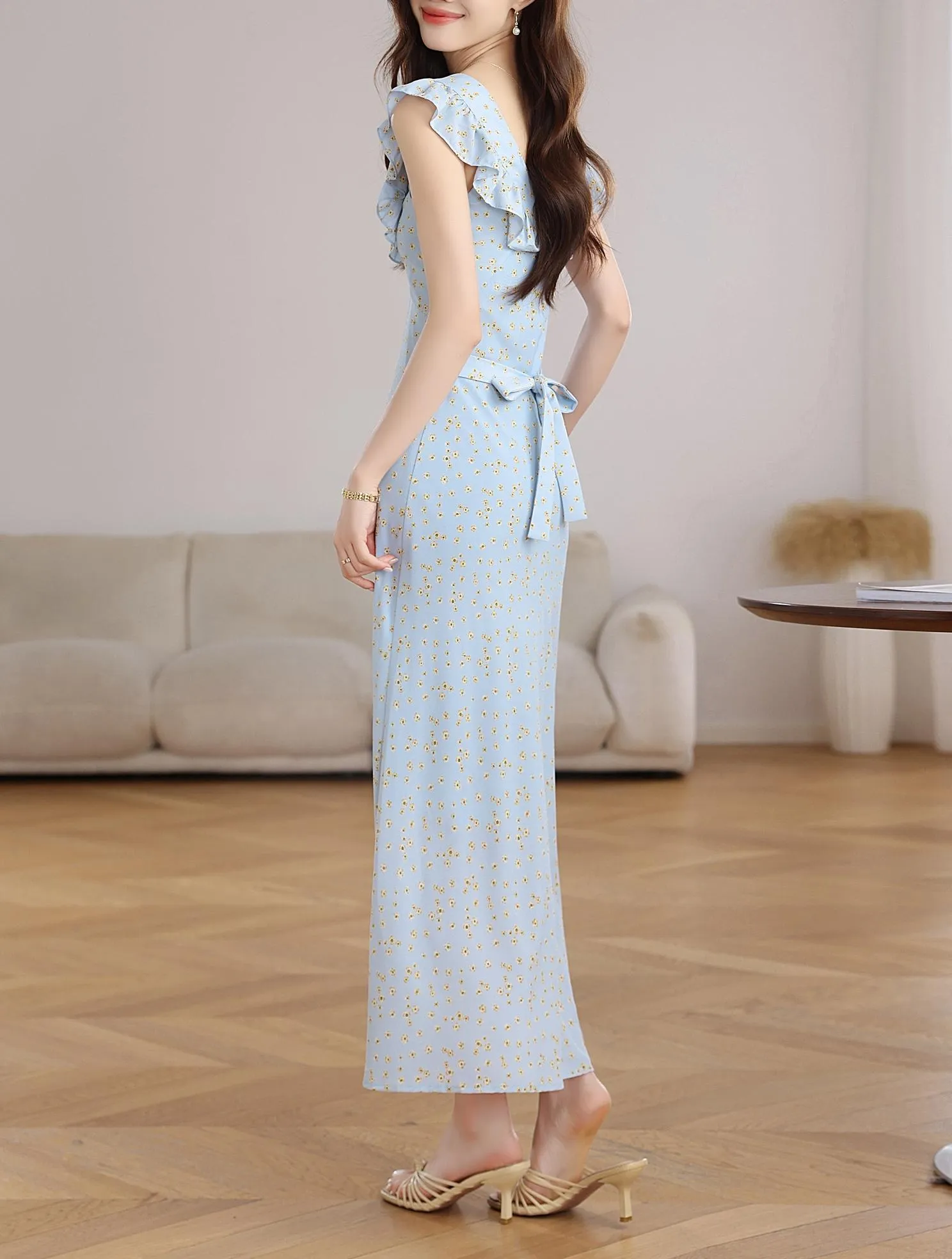 Elegant French Vacation Dress with Ruffle Neckline