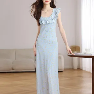 Elegant French Vacation Dress with Ruffle Neckline