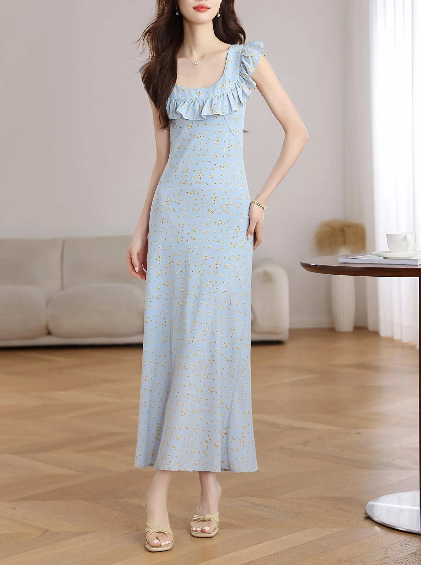 Elegant French Vacation Dress with Ruffle Neckline