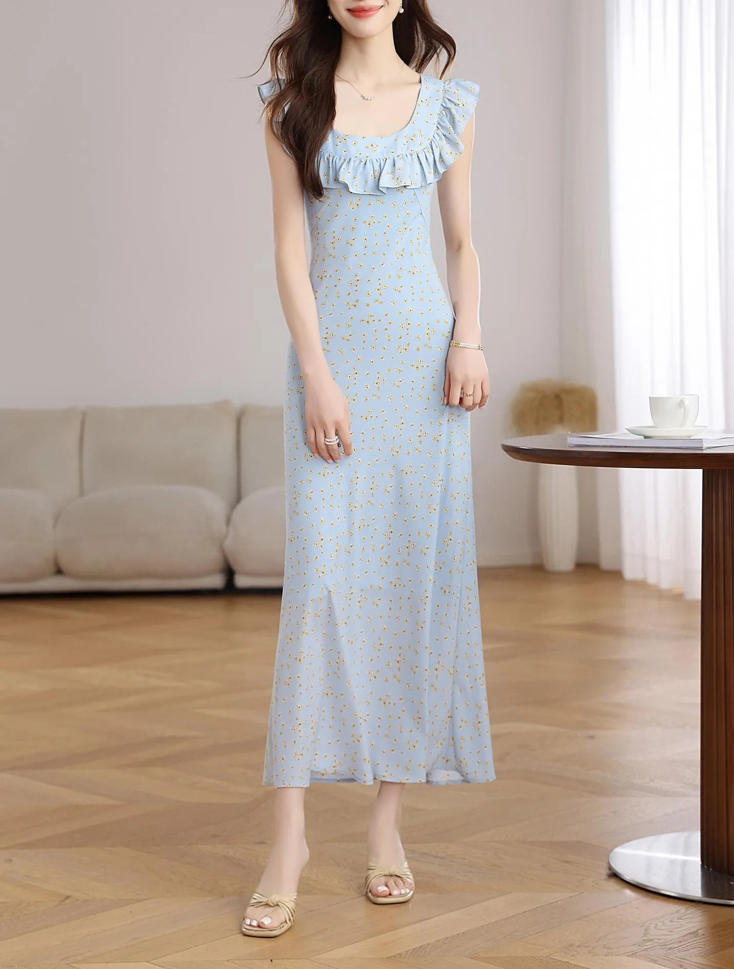 Elegant French Vacation Dress with Ruffle Neckline