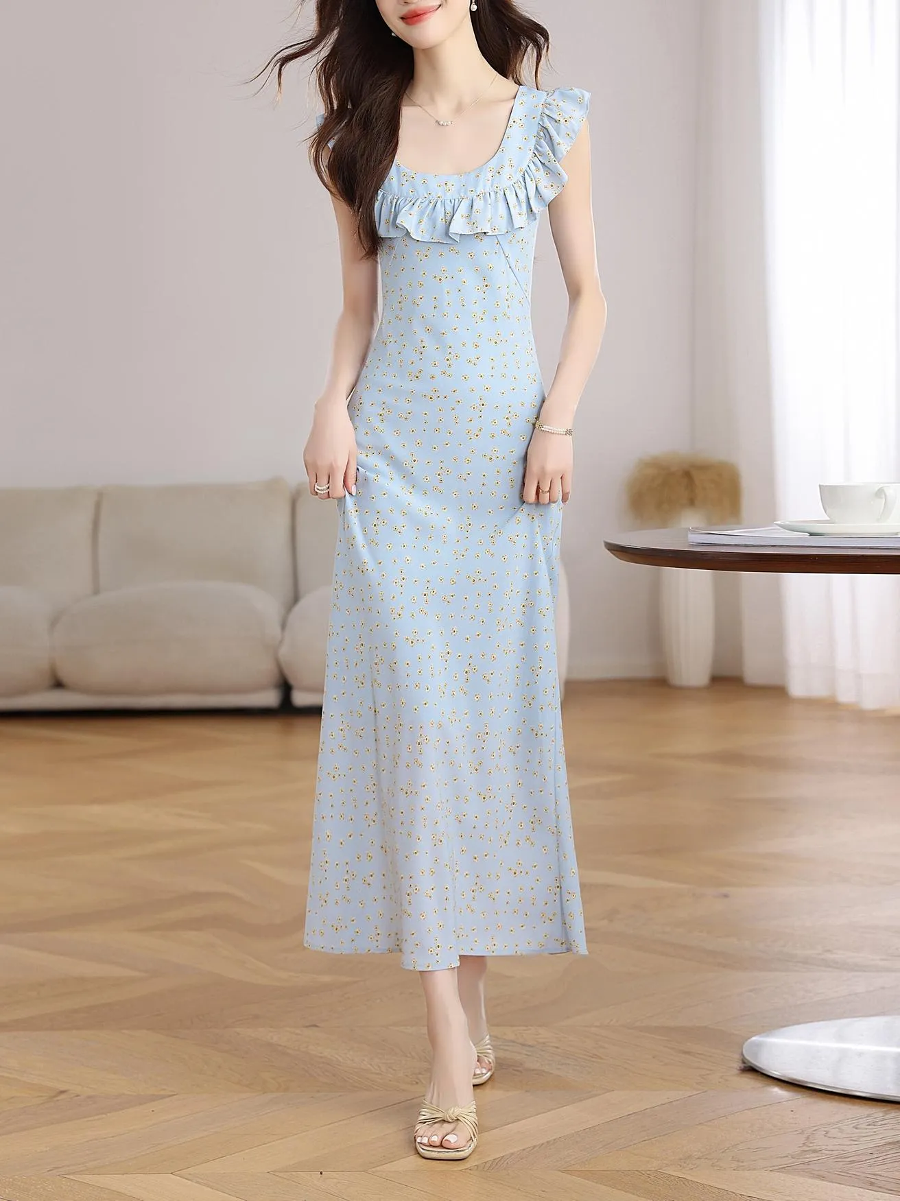 Elegant French Vacation Dress with Ruffle Neckline