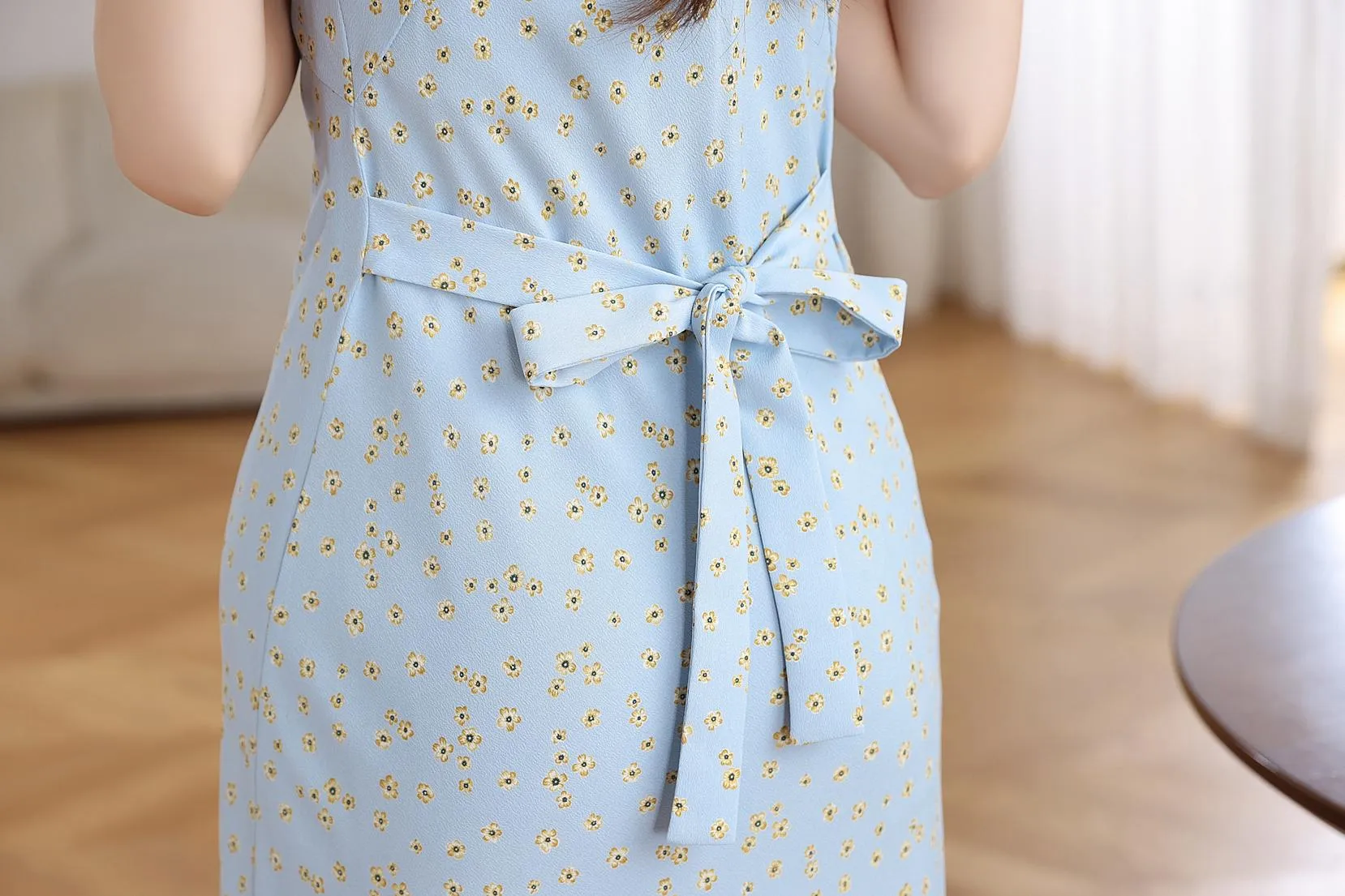 Elegant French Vacation Dress with Ruffle Neckline
