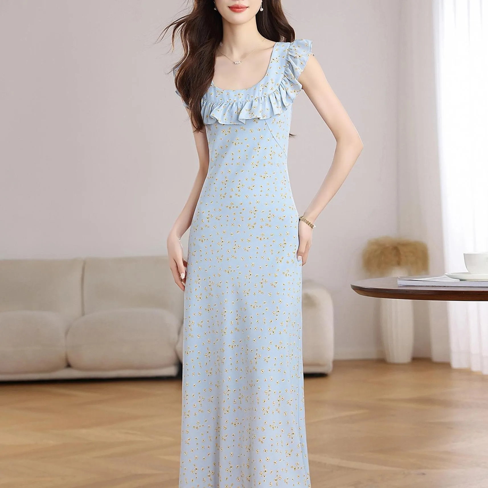 Elegant French Vacation Dress with Ruffle Neckline