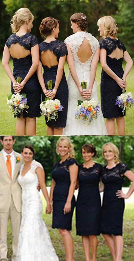 Elegant Lace Navy Blue Open Back Knee-Length Cap Sleeve Bridesmaid Dresses, BG51068