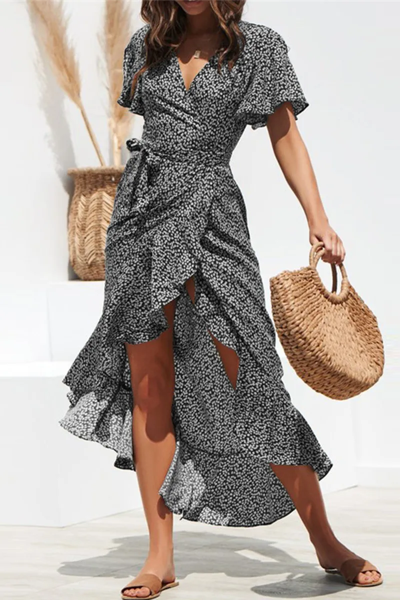 Elegant Print Frenulum Flounce V Neck Irregular Dress Dresses