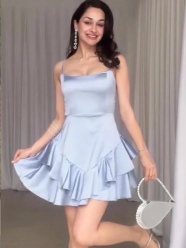 Elegant Silver Spaghetti Straps Ruffles Simple Cheap A-Line Short Homecoming Dresses, QB0518