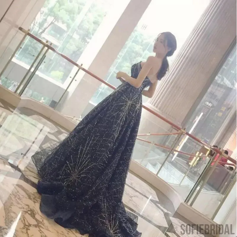 Elegant Sparkle Long A-line Ball Gown Navy Blue Tulle Rhinestone Prom Dresses, PD0528
