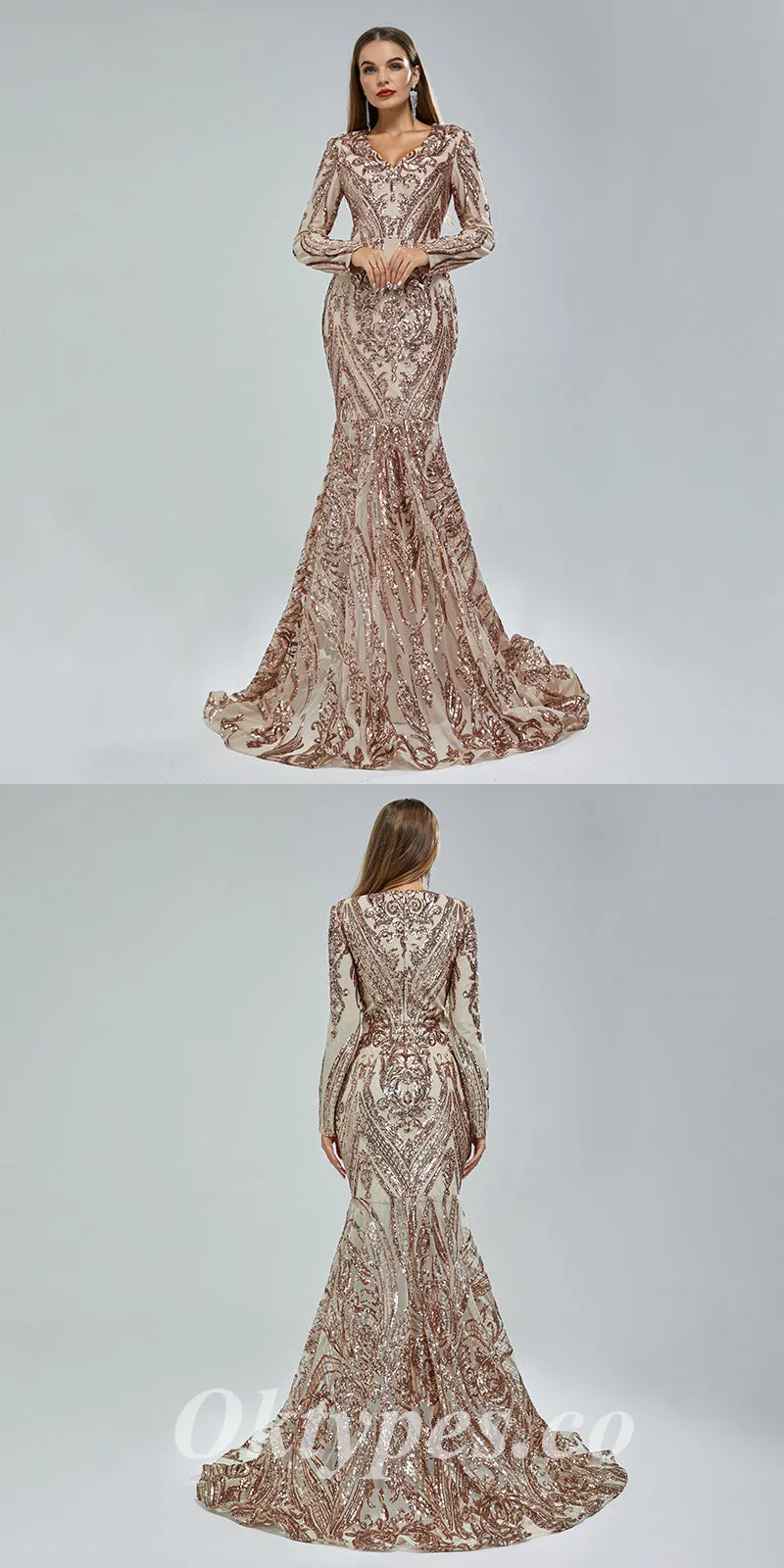 Elegant Special Fabric Long Sleeve V-Neck Mermaid Long Prom Dresses,PDS0458