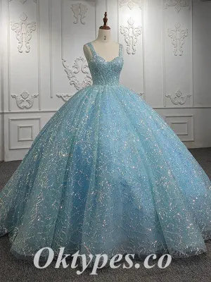 Elegant Tulle And Sequin Lace Spaghetti Straps Lace Up Back A-Line Long Prom Dresses, PDS0951