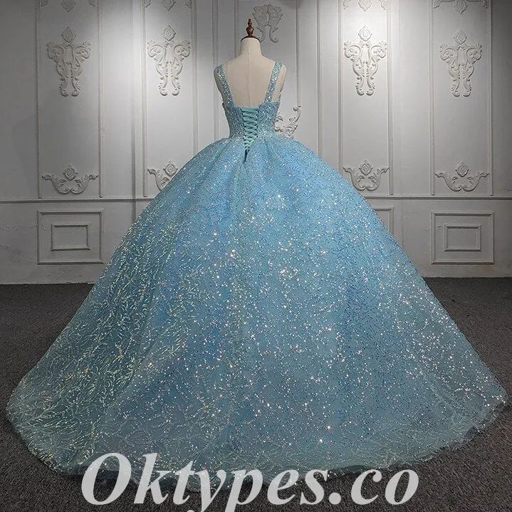 Elegant Tulle And Sequin Lace Spaghetti Straps Lace Up Back A-Line Long Prom Dresses, PDS0951