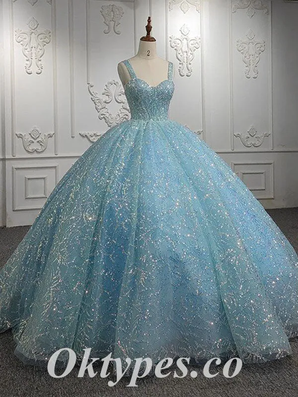 Elegant Tulle And Sequin Lace Spaghetti Straps Lace Up Back A-Line Long Prom Dresses, PDS0951