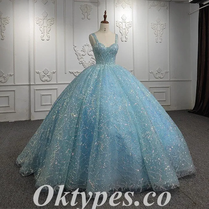 Elegant Tulle And Sequin Lace Spaghetti Straps Lace Up Back A-Line Long Prom Dresses, PDS0951