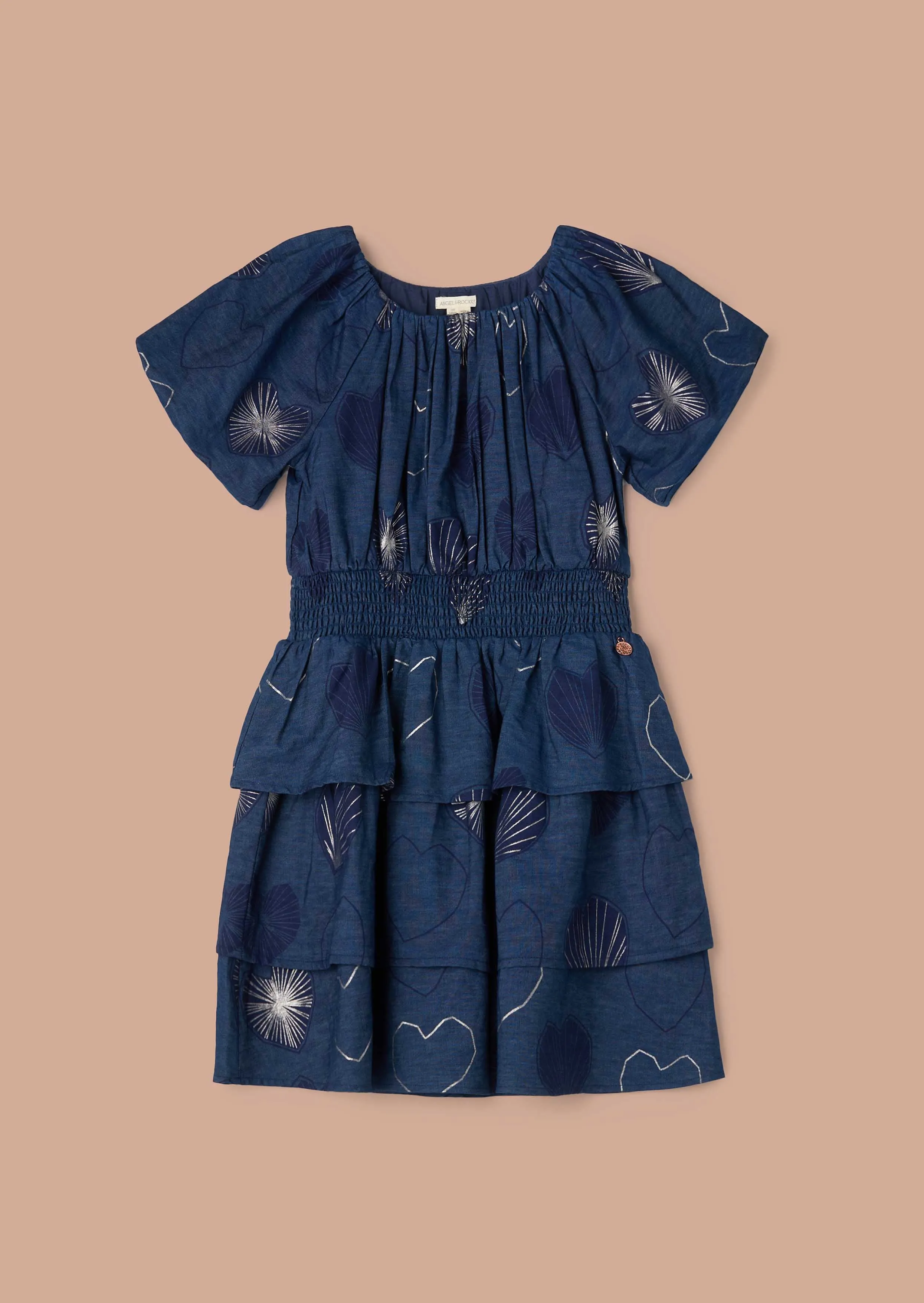 Eva Blue Foil Print Denim Tiered Dress
