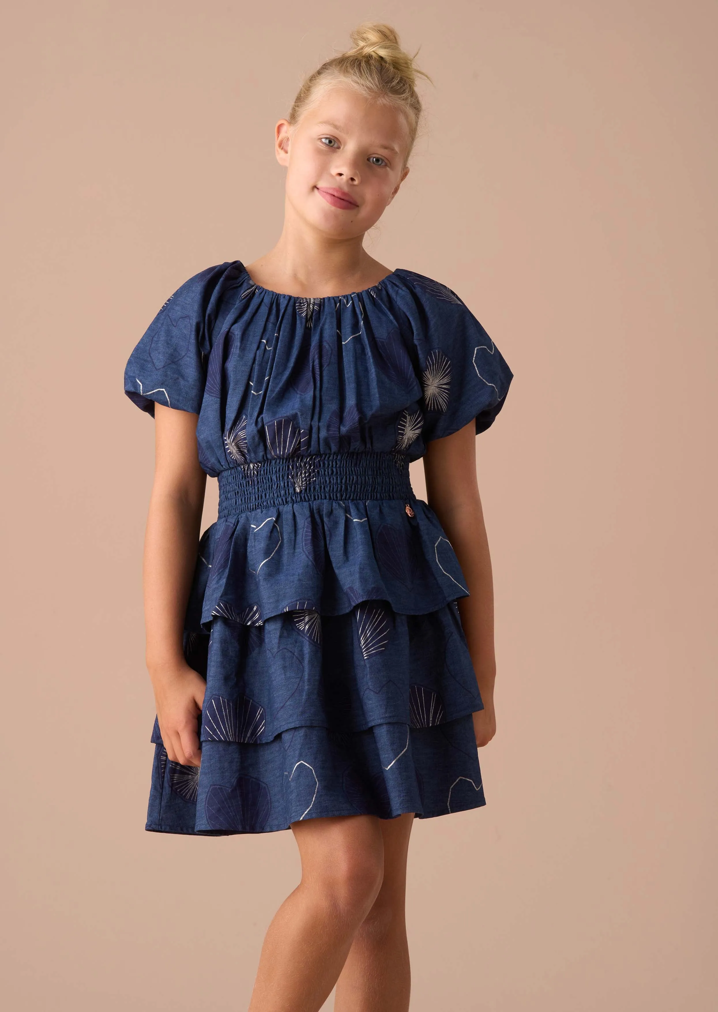 Eva Blue Foil Print Denim Tiered Dress