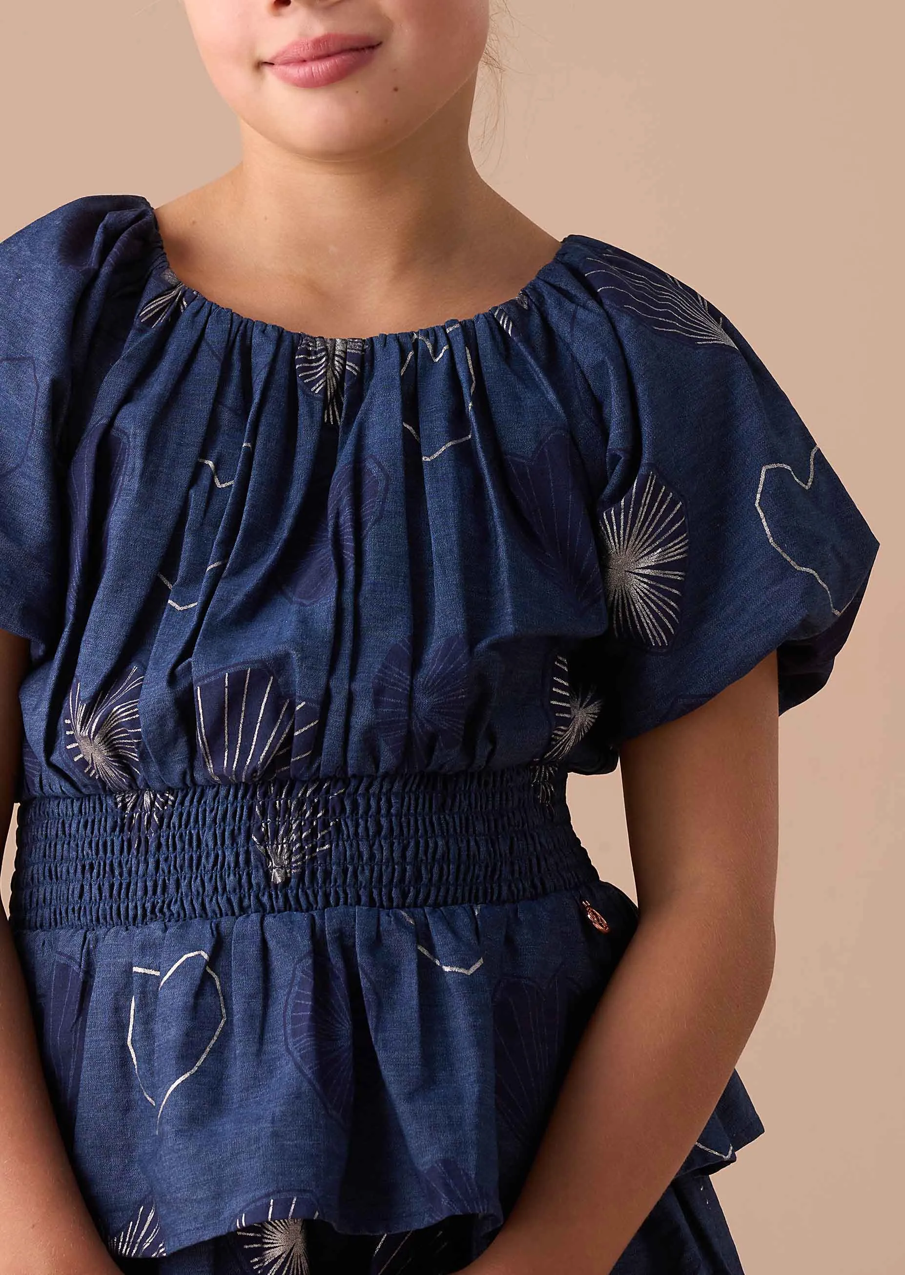 Eva Blue Foil Print Denim Tiered Dress