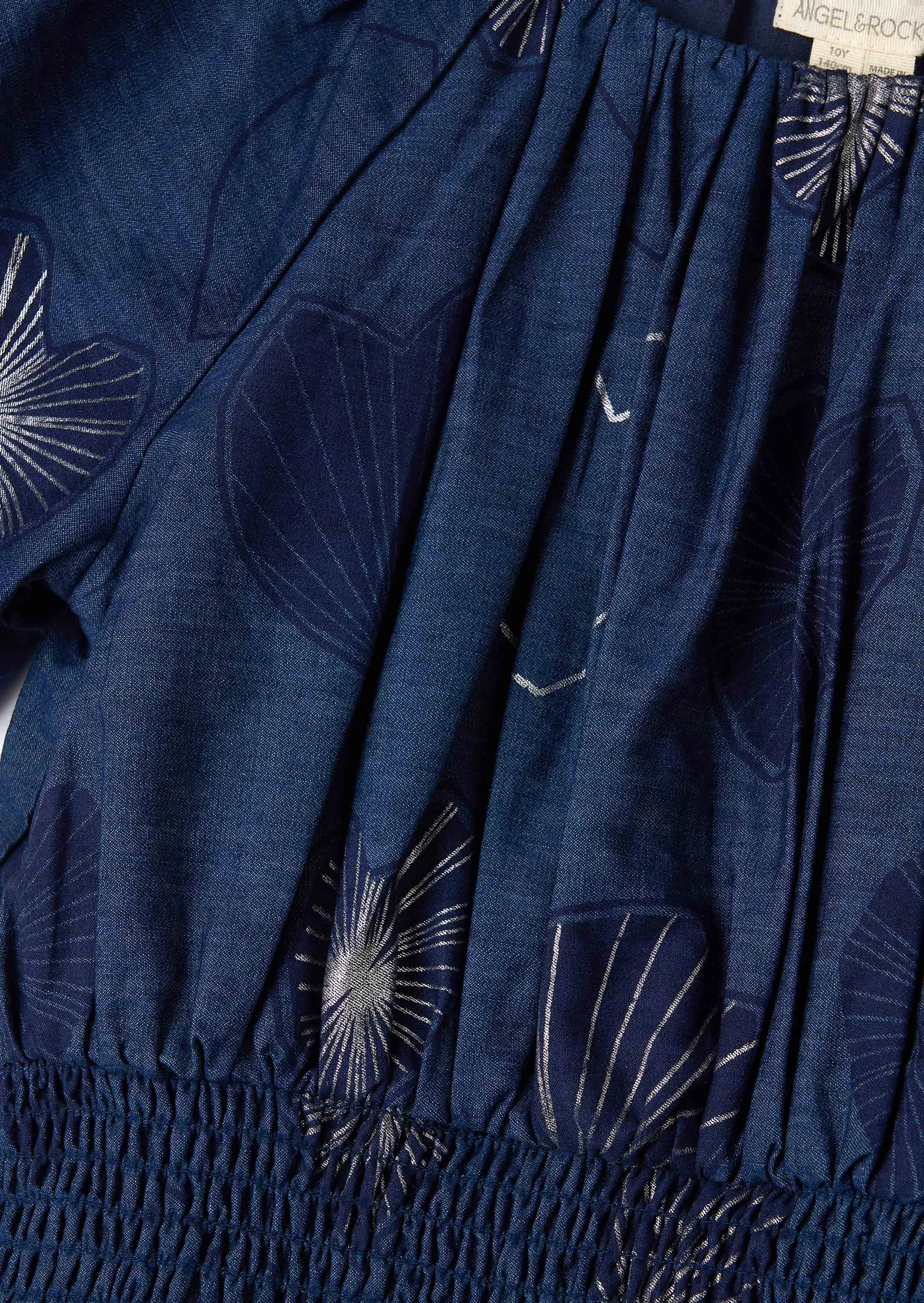 Eva Blue Foil Print Denim Tiered Dress