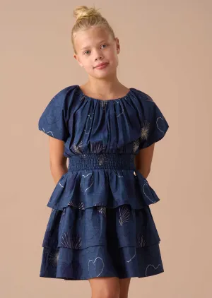 Eva Blue Foil Print Denim Tiered Dress
