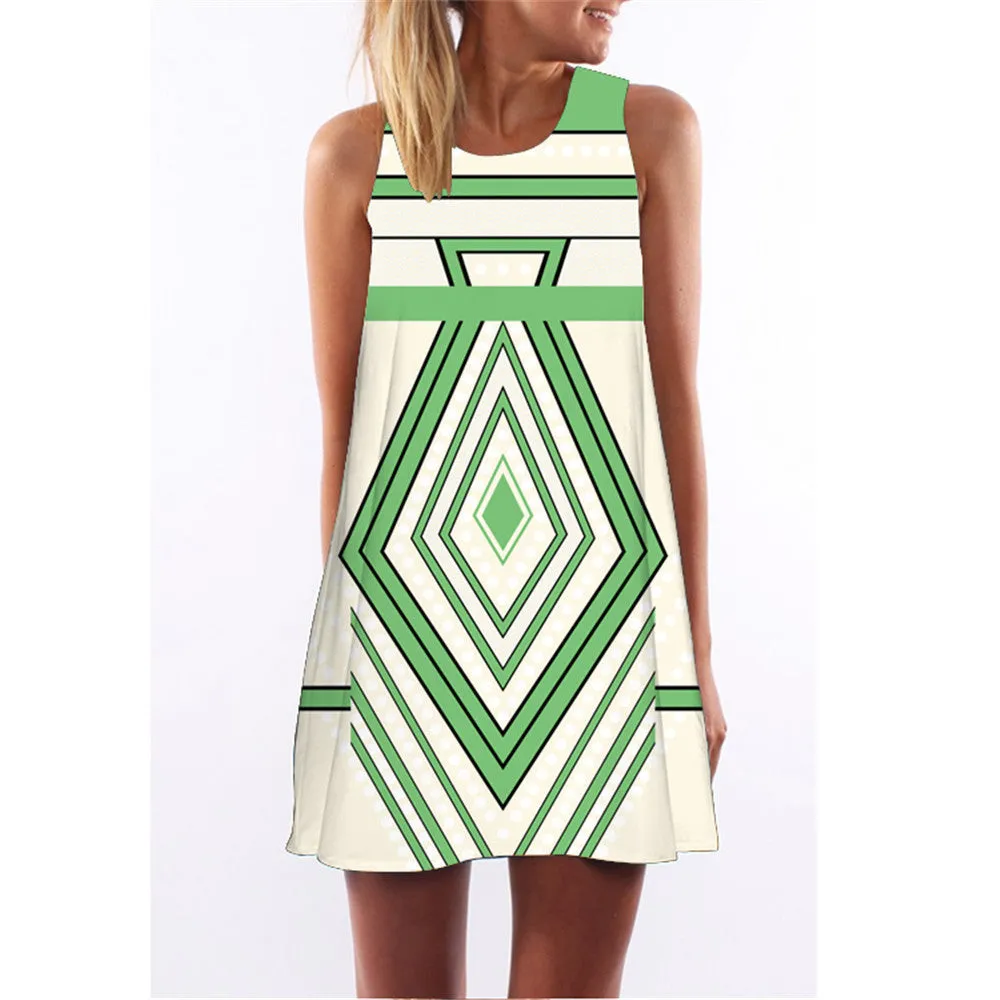 Fashion Plus Size Xl European Summer Print Dress Casual Women O-neck Sleeveless Straight Dresses Lyq01