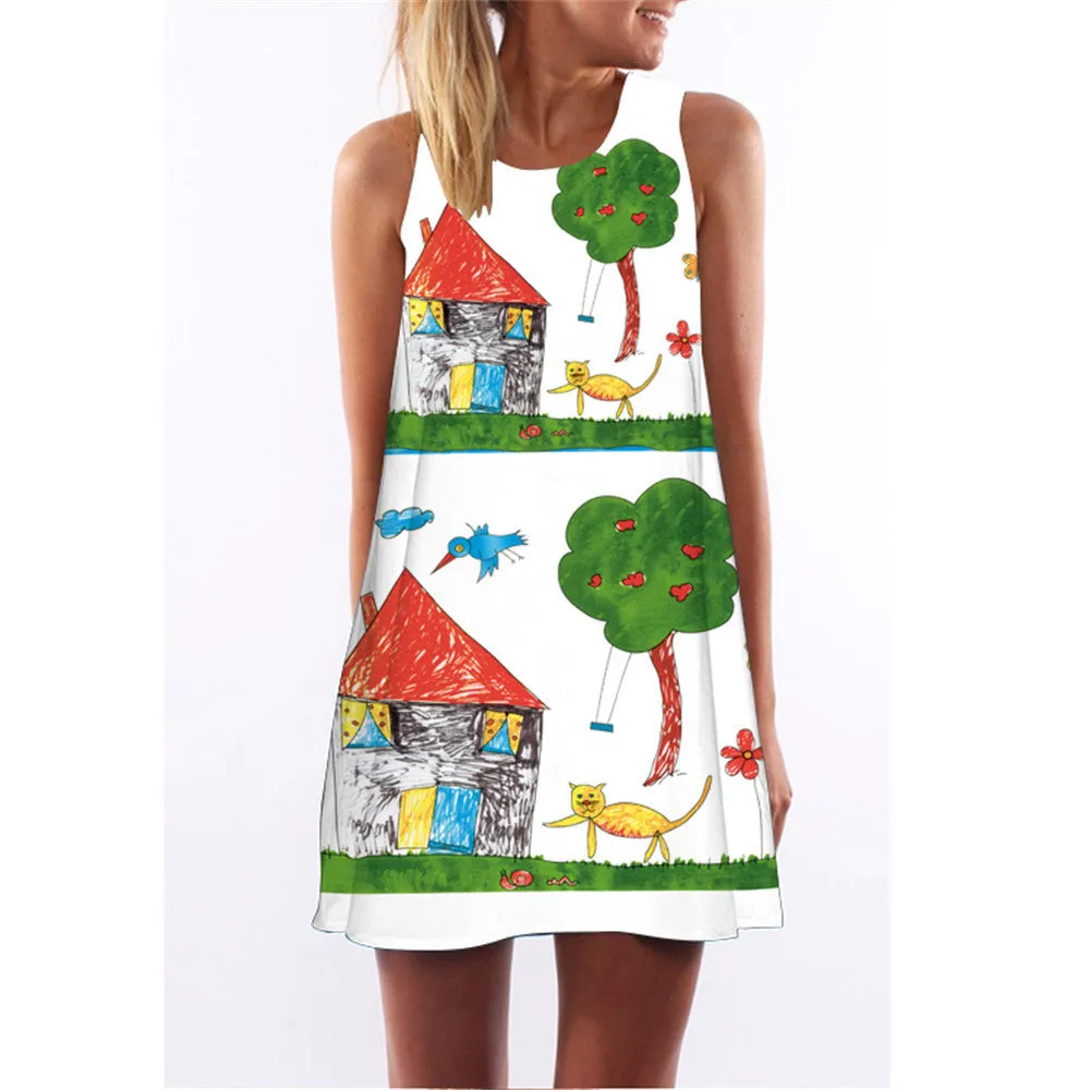Fashion Plus Size Xl European Summer Print Dress Casual Women O-neck Sleeveless Straight Dresses Lyq01