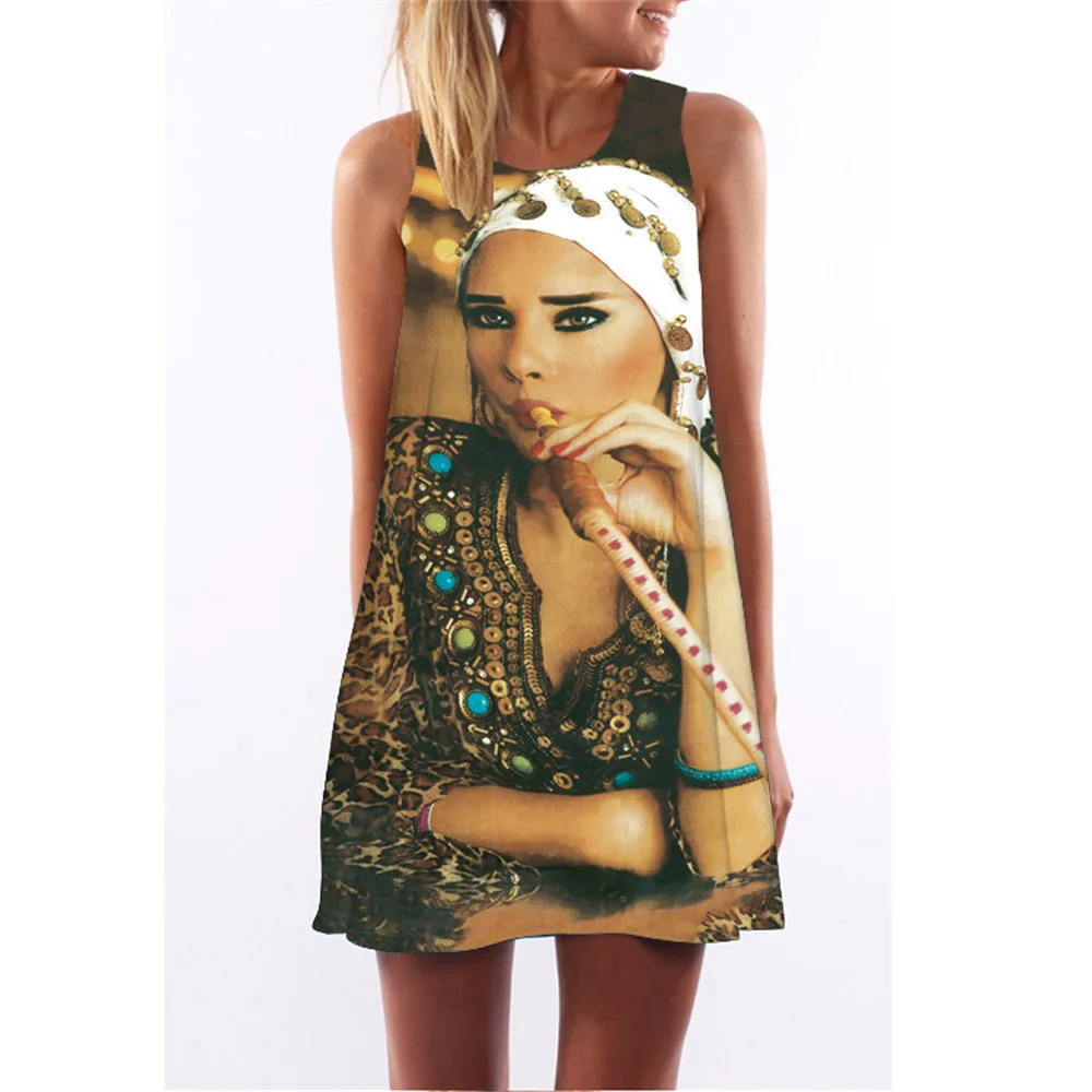 Fashion Plus Size Xl European Summer Print Dress Casual Women O-neck Sleeveless Straight Dresses Lyq01