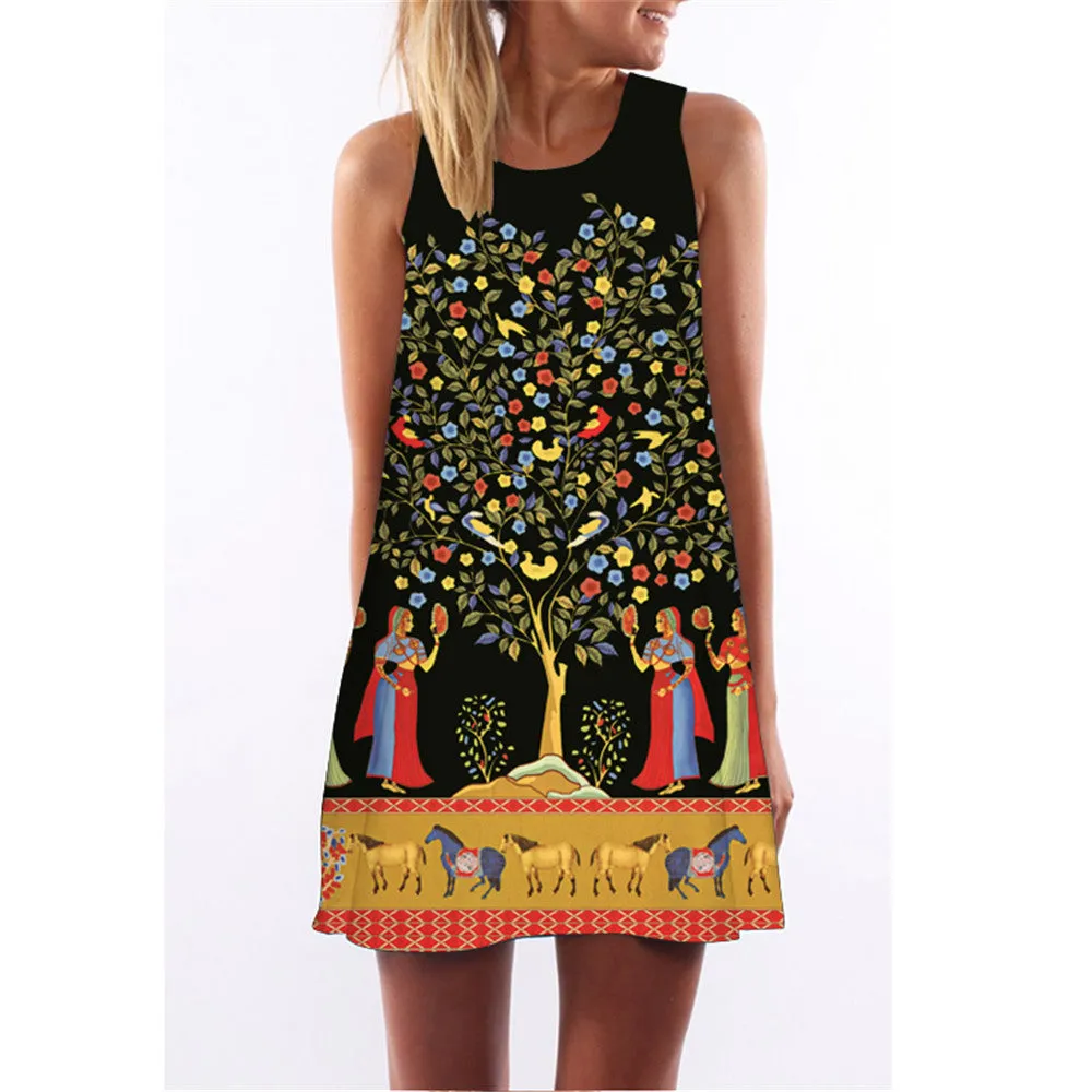 Fashion Plus Size Xl European Summer Print Dress Casual Women O-neck Sleeveless Straight Dresses Lyq01