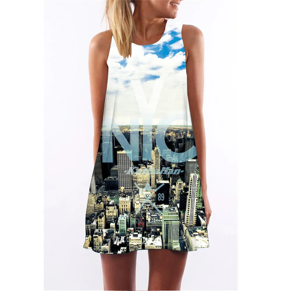 Fashion Plus Size Xl European Summer Print Dress Casual Women O-neck Sleeveless Straight Dresses Lyq01