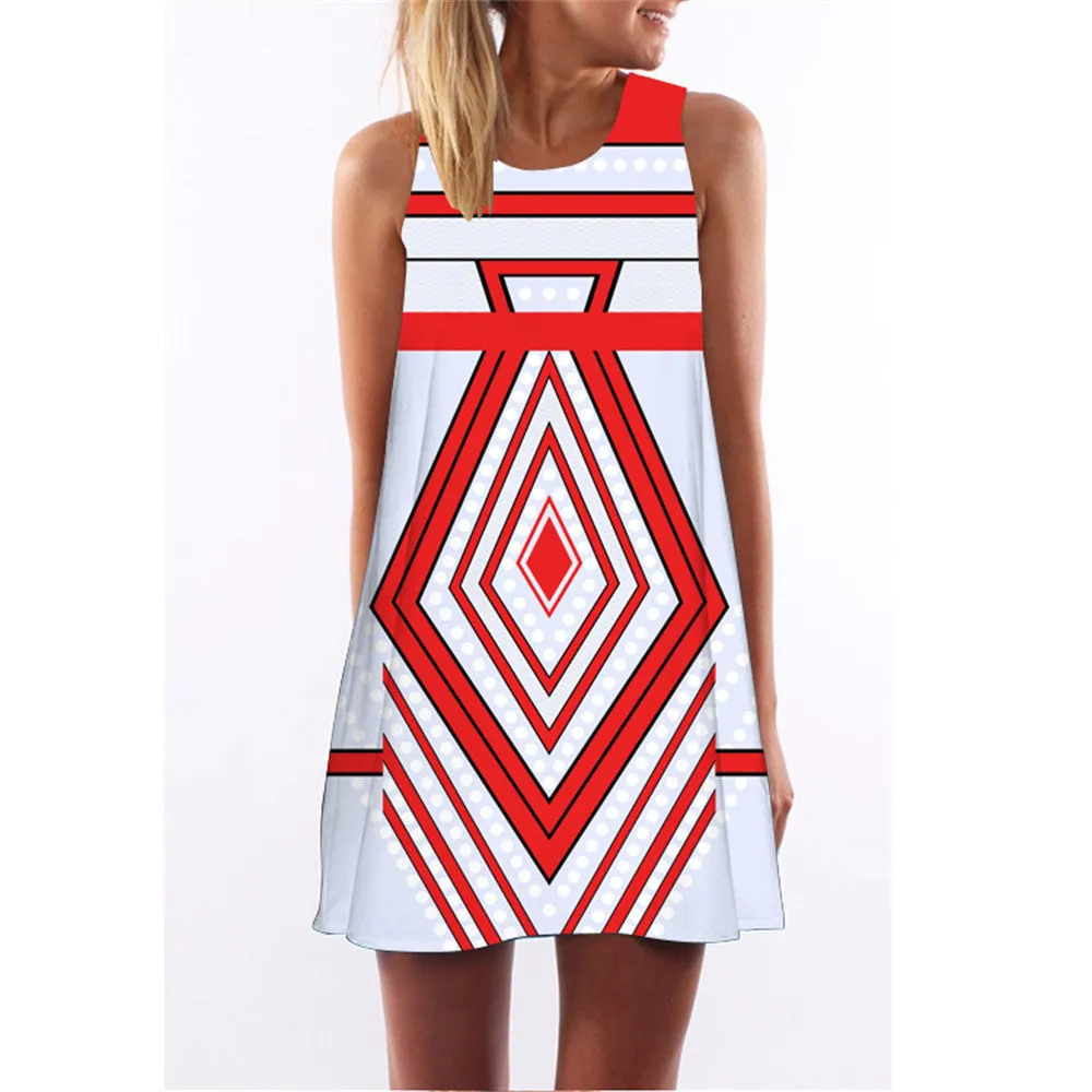 Fashion Plus Size Xl European Summer Print Dress Casual Women O-neck Sleeveless Straight Dresses Lyq01