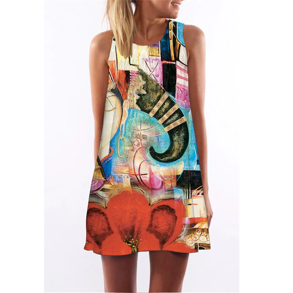 Fashion Plus Size Xl European Summer Print Dress Casual Women O-neck Sleeveless Straight Dresses Lyq01