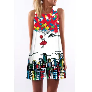 Fashion Plus Size Xl European Summer Print Dress Casual Women O-neck Sleeveless Straight Dresses Lyq01
