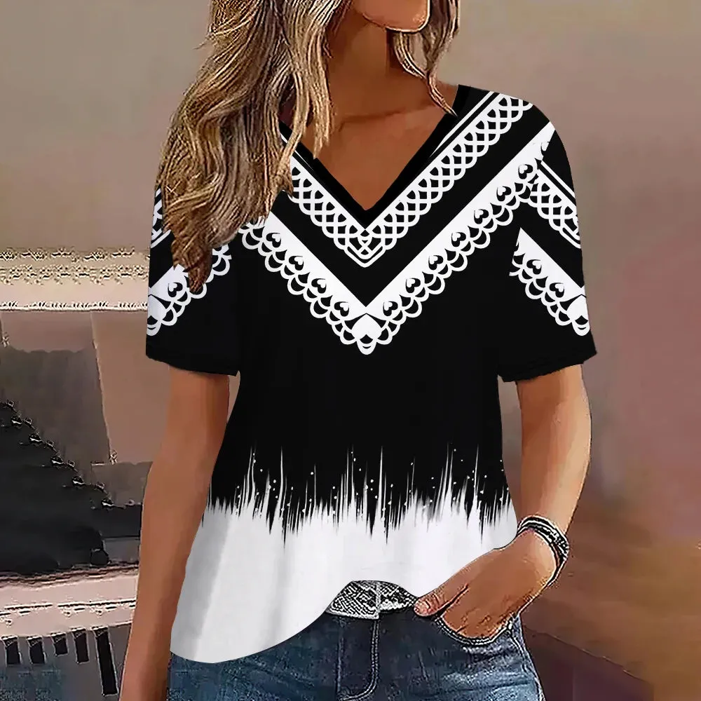 Fashion Women’s Striped Gradient V-Neck T-Shirt