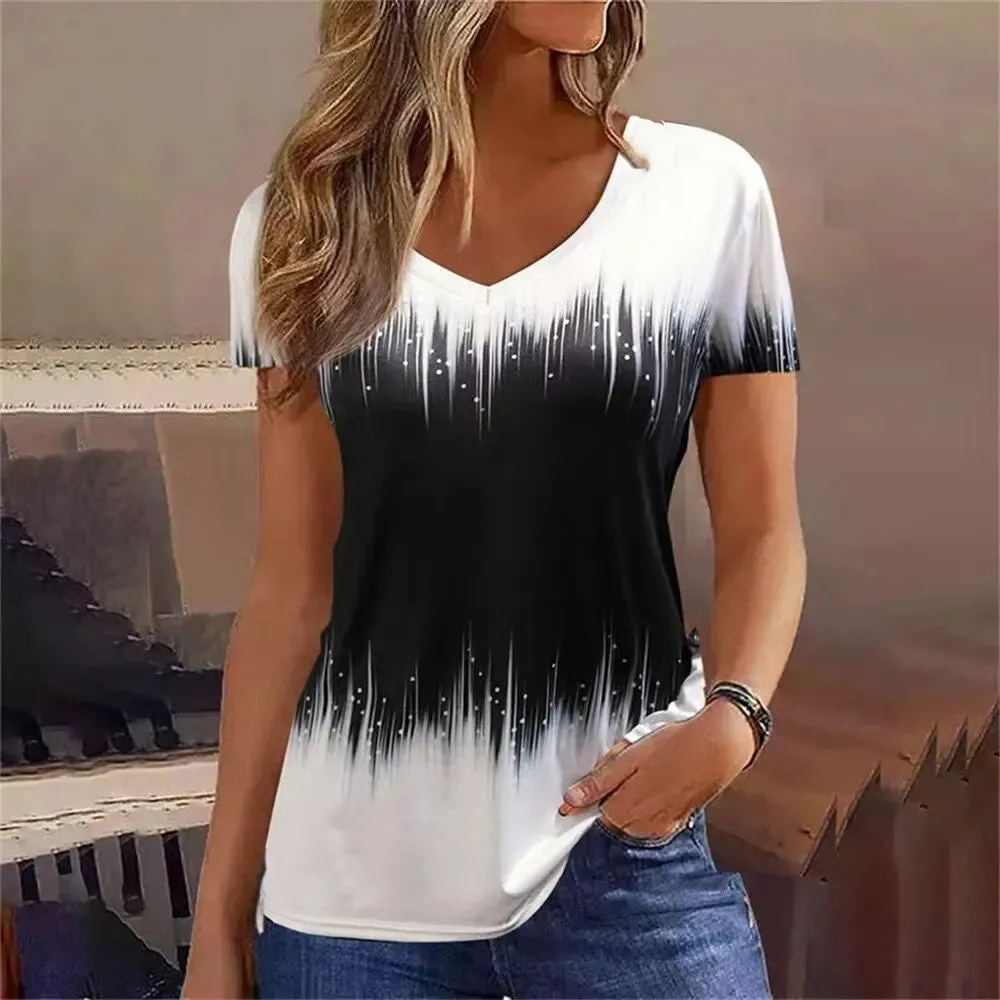 Fashion Women’s Striped Gradient V-Neck T-Shirt