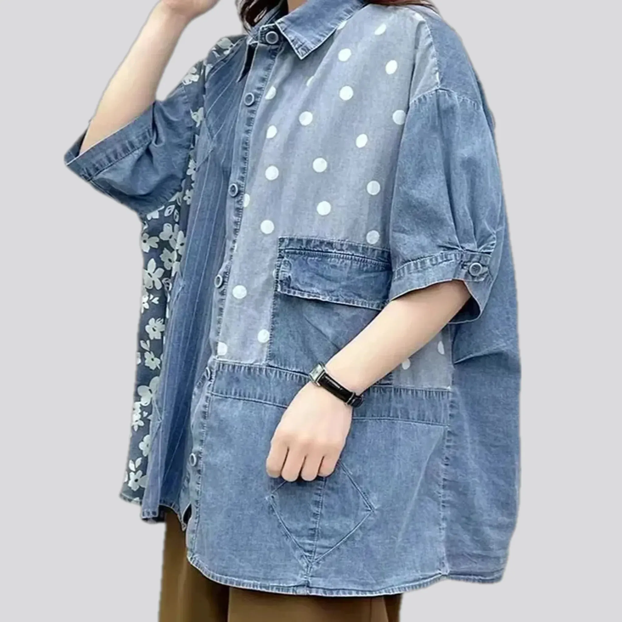 Fashionable striped patchwork women's jean shirt
