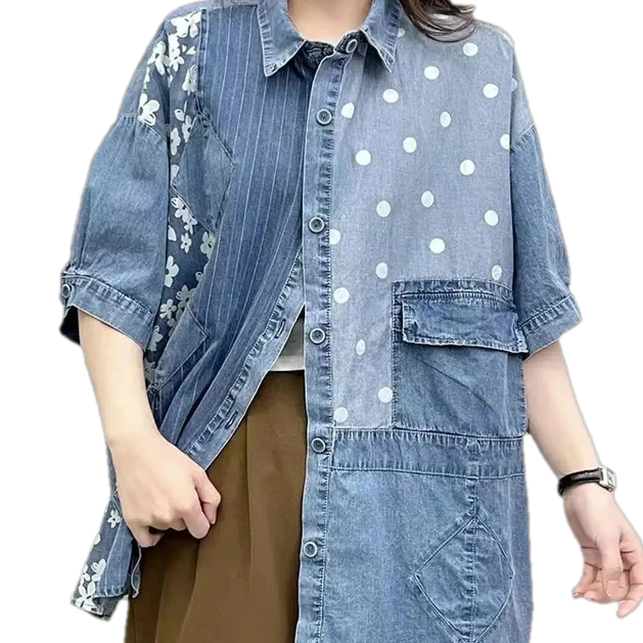 Fashionable striped patchwork women's jean shirt