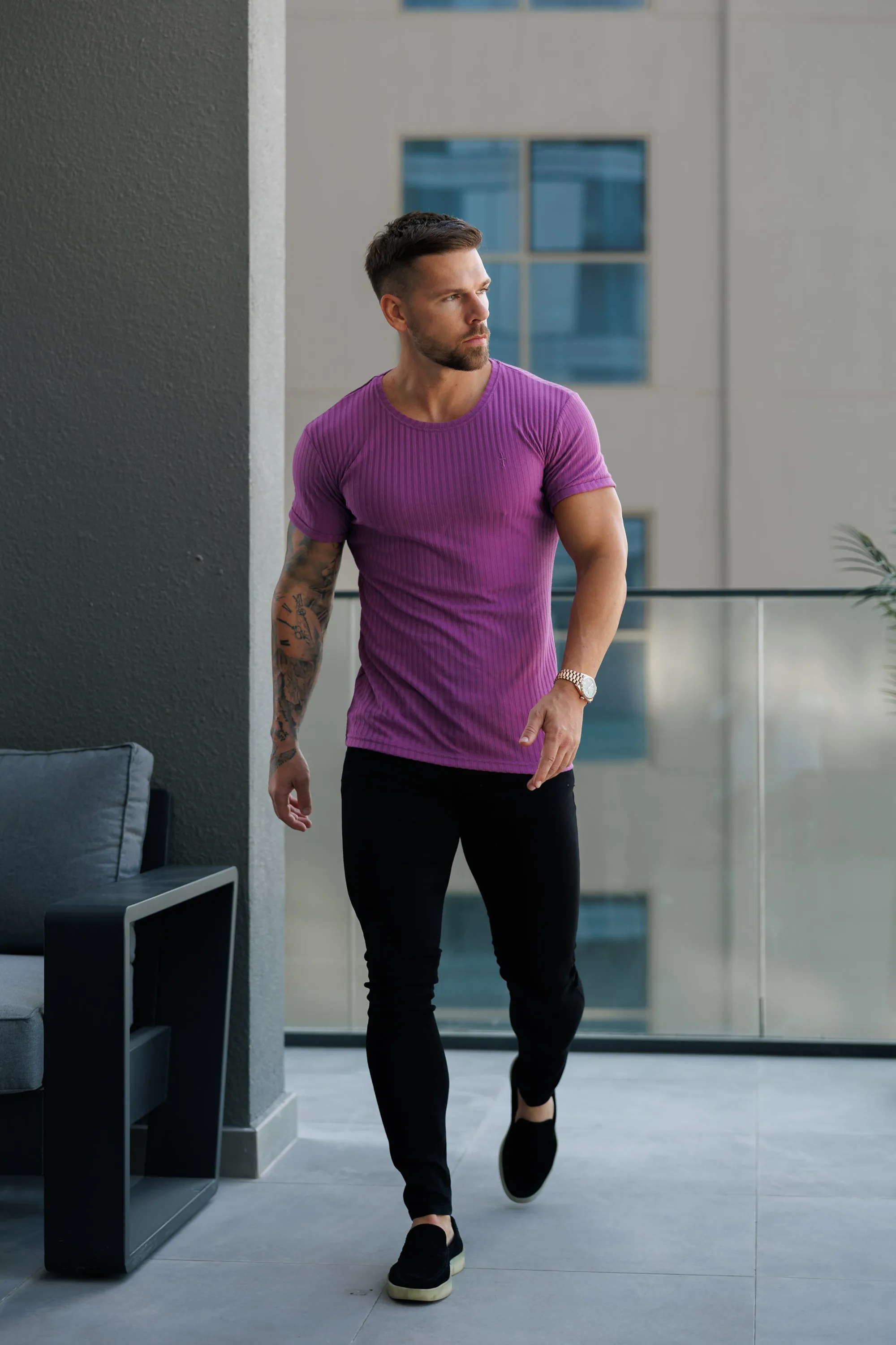 Father Sons Classic Light Purple Ribbed Knit Super Slim Short Sleeve Crew - FSH1161