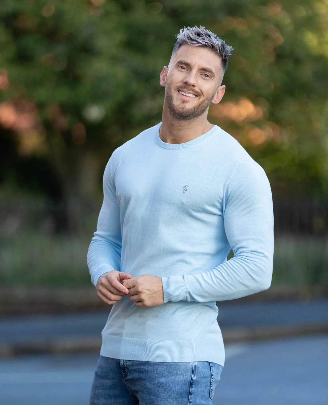 Father Sons Classic Sky Blue Light Weight Knitted Crew Neck with Metal Decal - FSN092