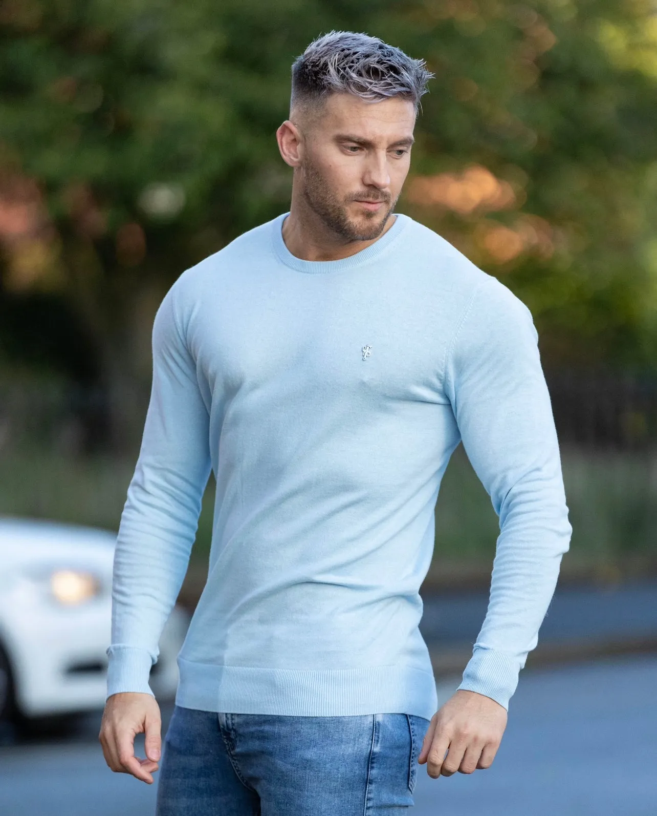 Father Sons Classic Sky Blue Light Weight Knitted Crew Neck with Metal Decal - FSN092