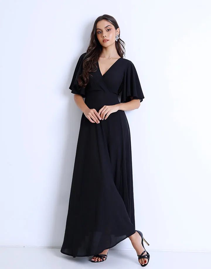 Flared Sleeves Crossover Neck Dress with Front Slit