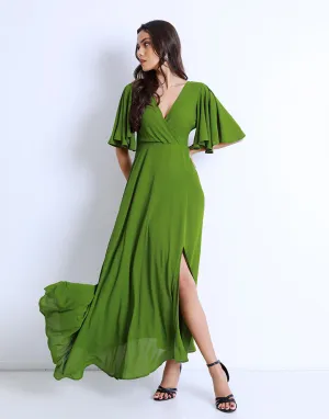 Flared Sleeves Crossover Neck Dress with Front Slit