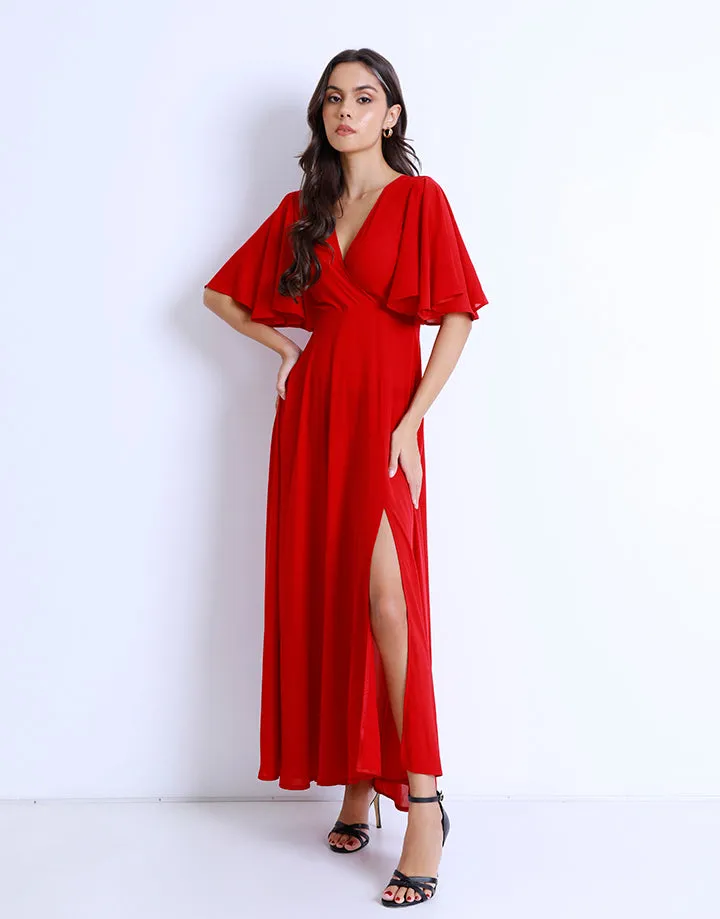Flared Sleeves Crossover Neck Dress with Front Slit