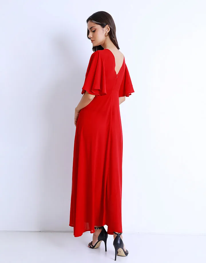 Flared Sleeves Crossover Neck Dress with Front Slit