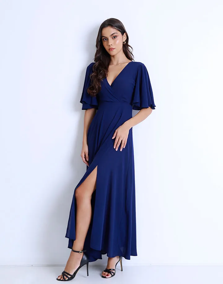 Flared Sleeves Crossover Neck Dress with Front Slit