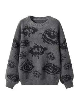 Floerns Womens Goth Grunge Punk Halloween Christmas Graphic Print Long Sleeve Drop Shoulder Sweaters Pullover Tops Dark Grey