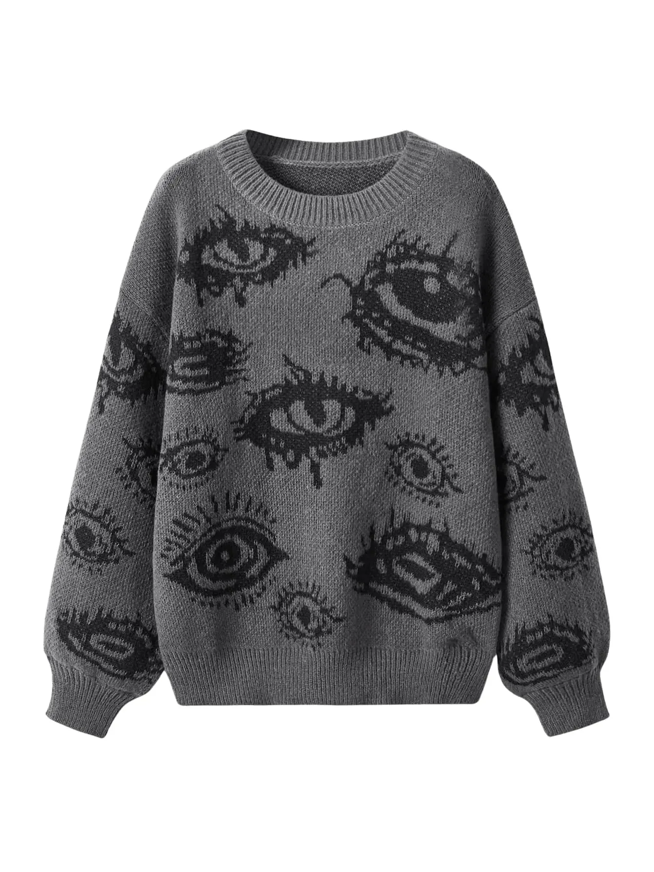Floerns Womens Goth Grunge Punk Halloween Christmas Graphic Print Long Sleeve Drop Shoulder Sweaters Pullover Tops Dark Grey