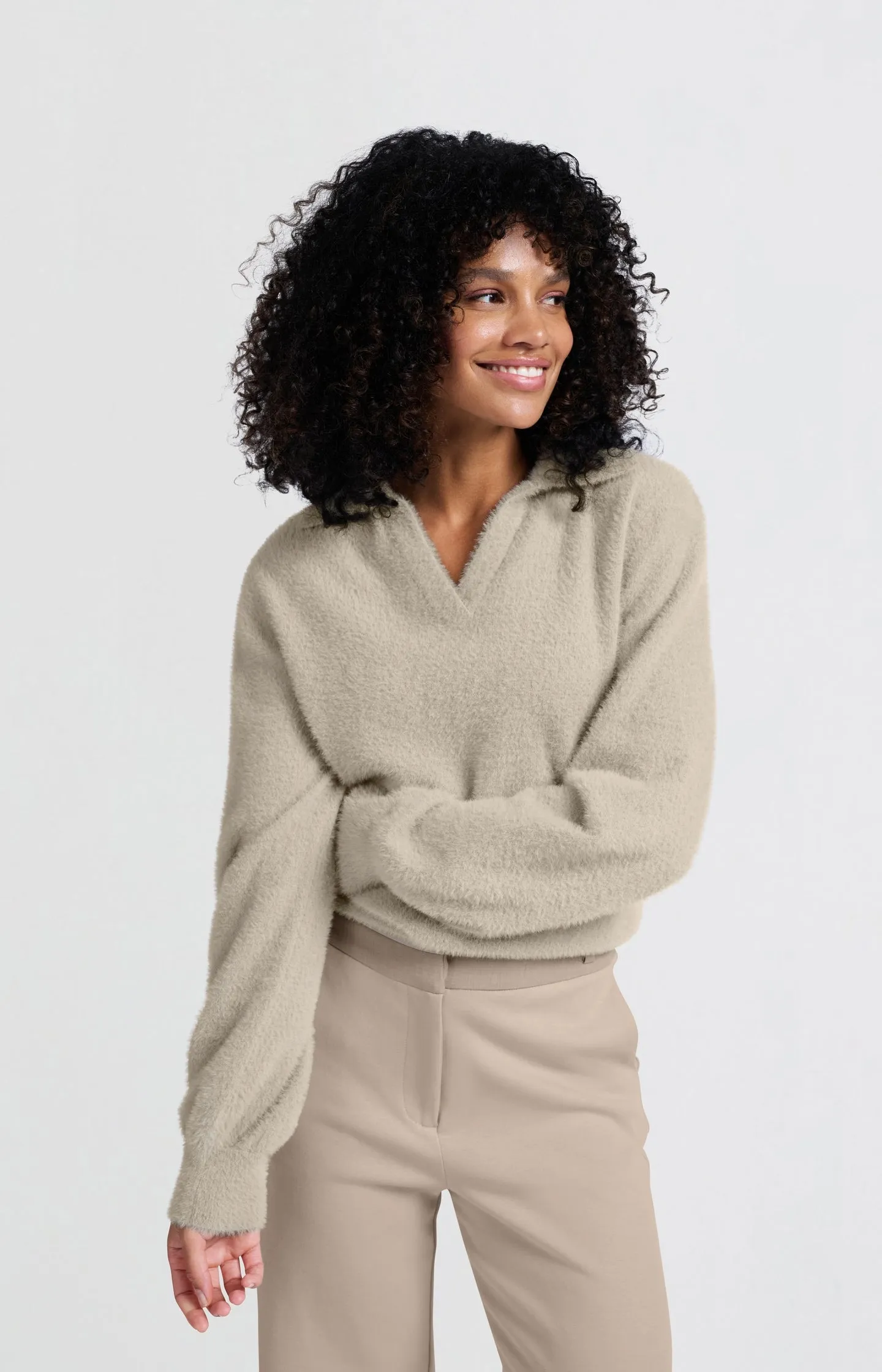 Fluffy polo sweater with classic collar and V-neck