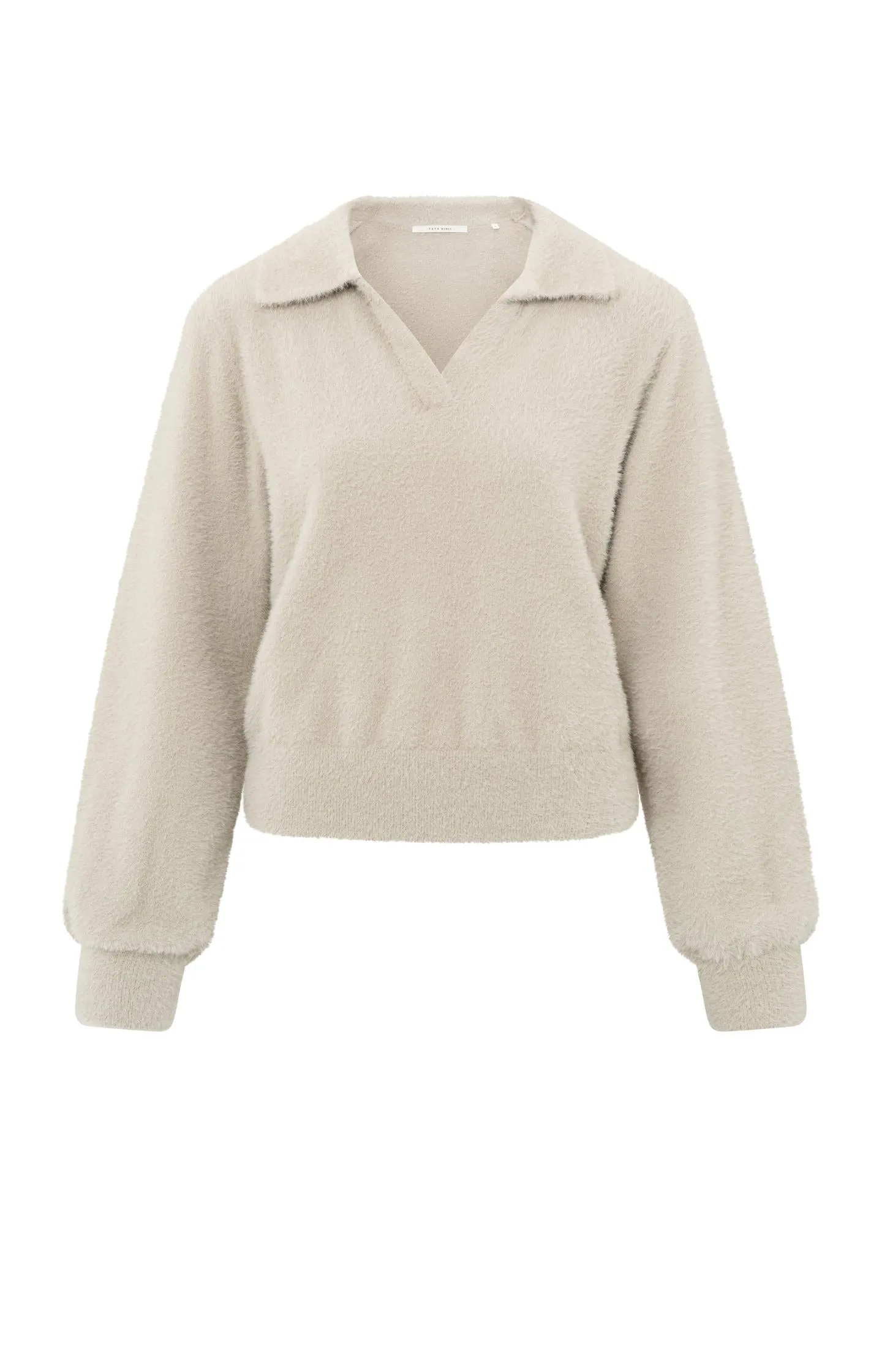 Fluffy polo sweater with classic collar and V-neck